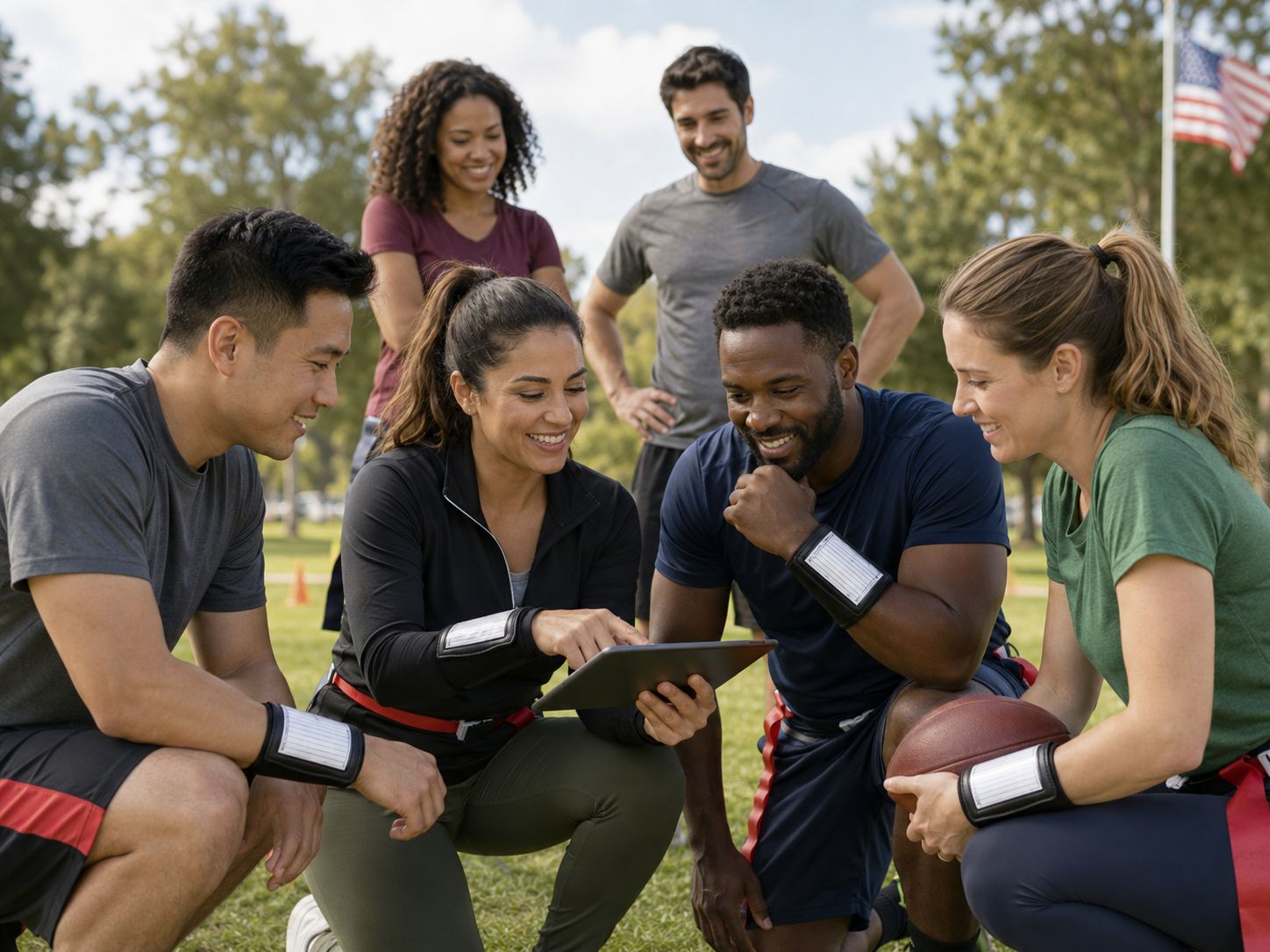Corporate outdoor development flag football team building